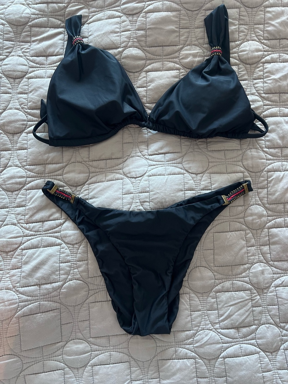 Lenny Niemeyer Black Beaded Adjustable Triangle Bikini Swimsuit Set